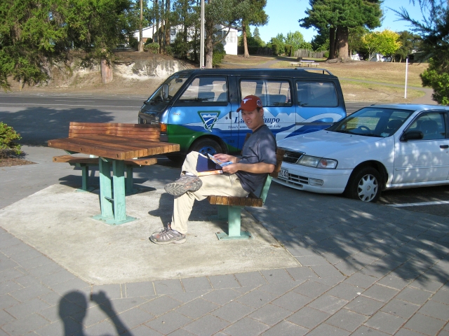 Jason investigates options for where we can park our camper for the night.